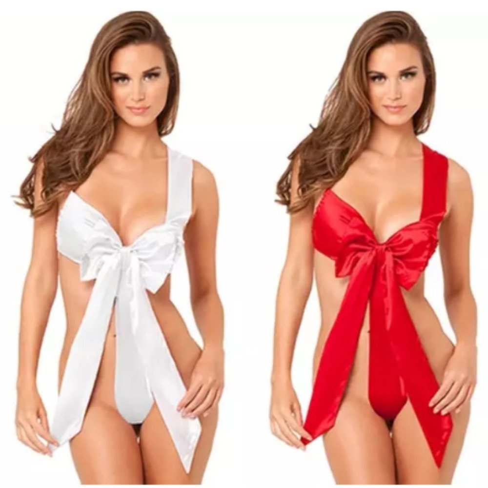 WHITE Wrap Me Satin Bow Teddy Lingerie Valentine's Day